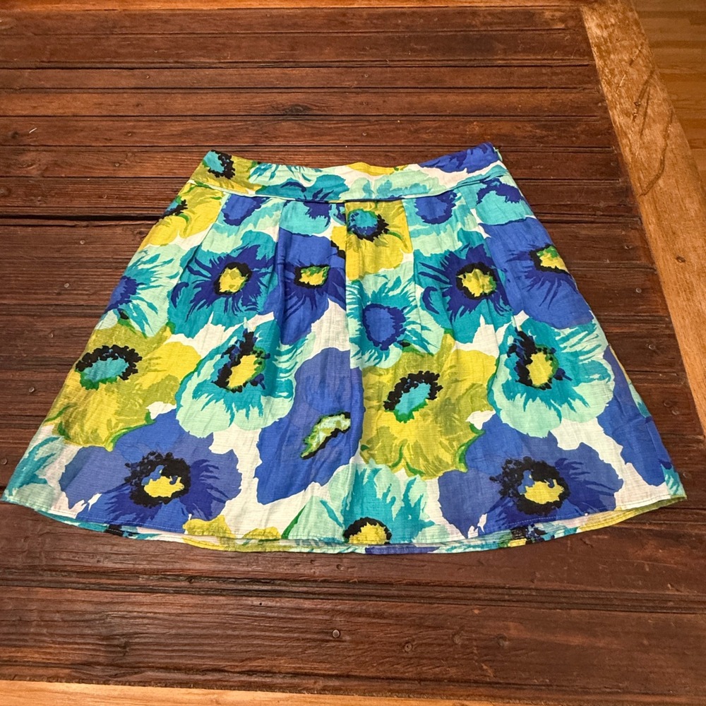 Ann Taylor LOFT Floral Linen Blend Mini Skirt Blue Green Size 8 A-Line Pleated